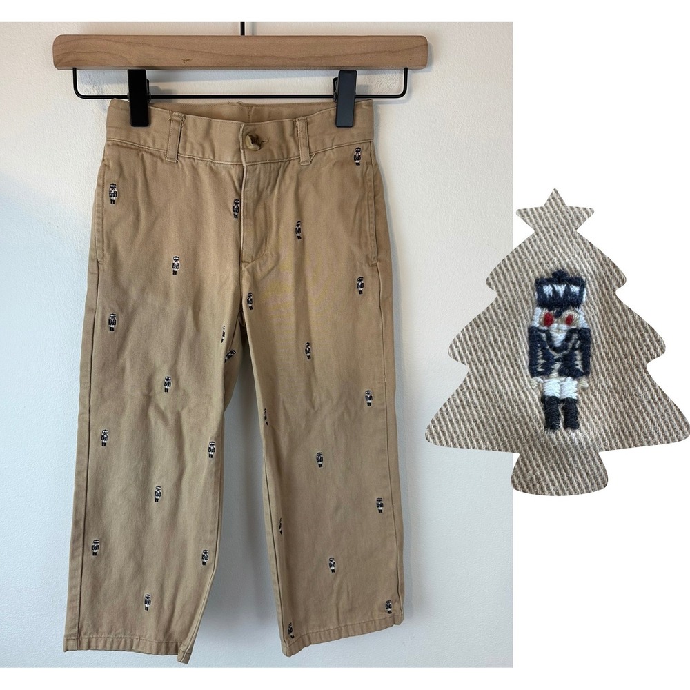 JANIE & JACK Khaki Nutcracker Embroidered Preppy Holiday Dress Pants | 4